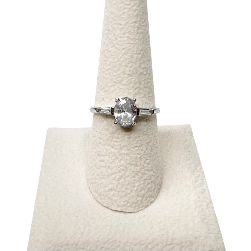 Clear Oval & Baguette Cut Glass Stone Sterling Silver Ring